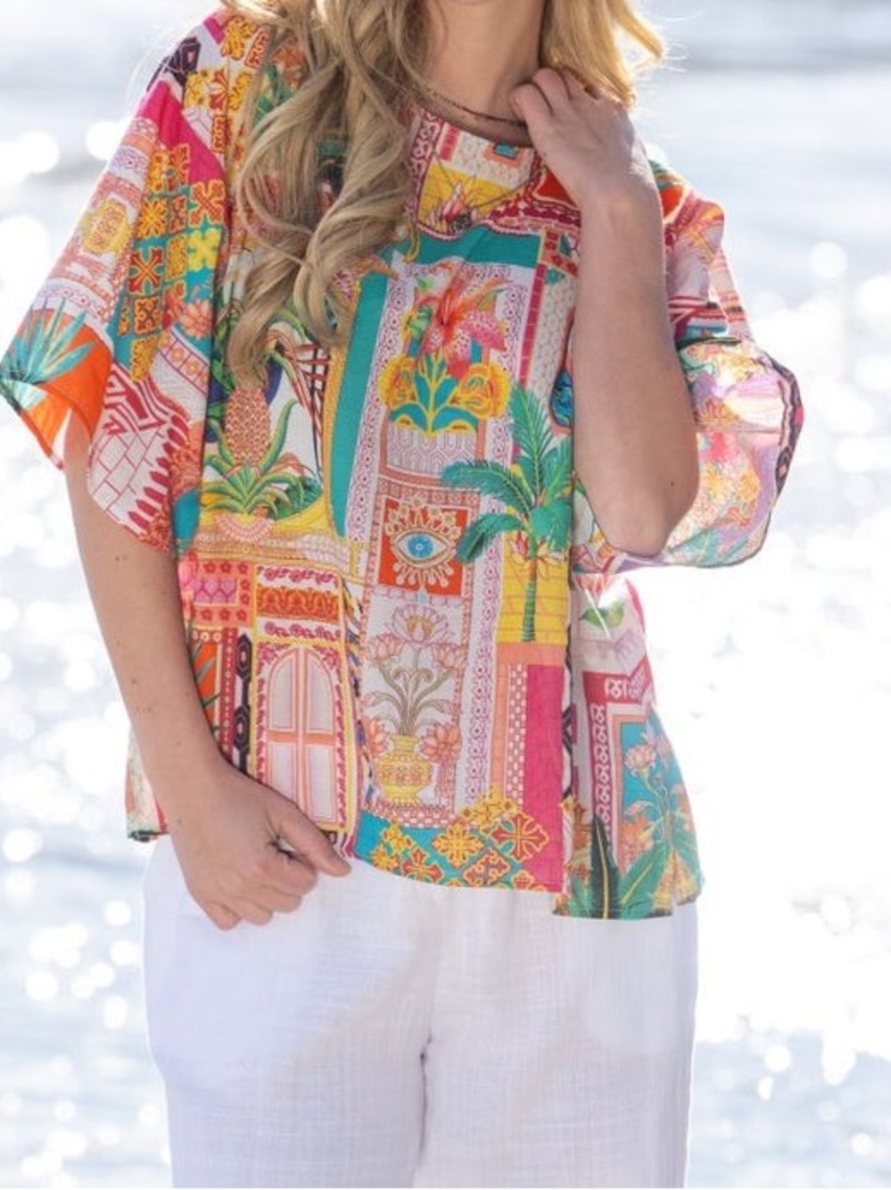 Cienna Miami Yua Multicolor Abstract Print Cotton Wide Sleeve Top